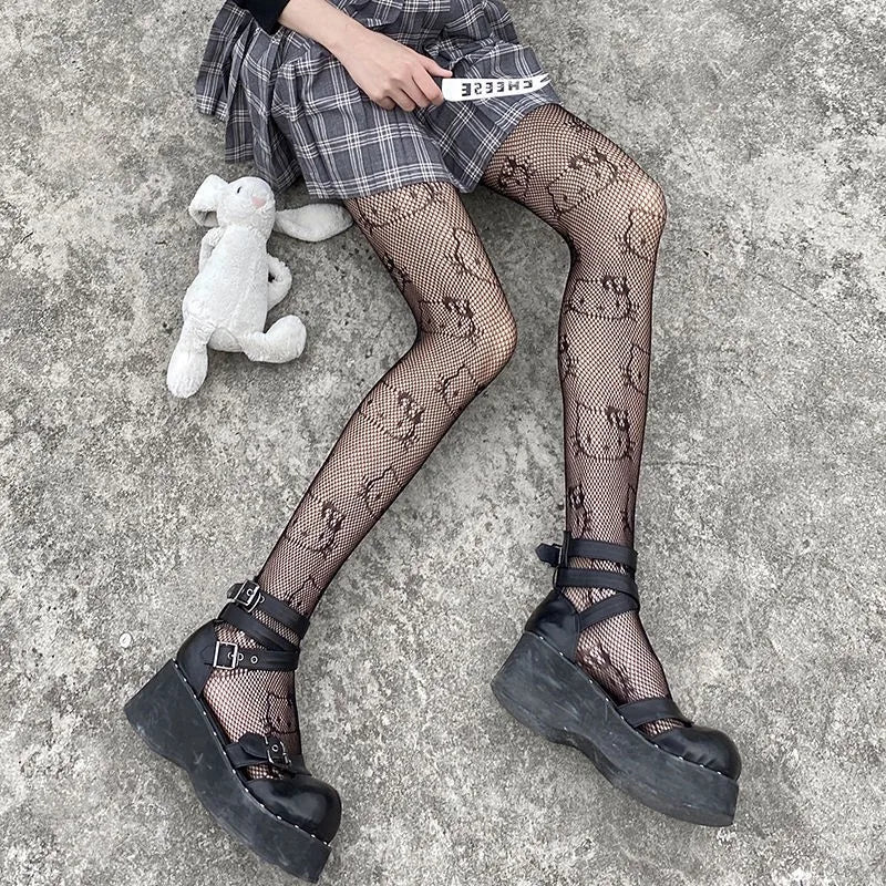 Y2k Goth Lolita Cos Girls Cute Kitty Cat Stockings Women Sexy Fishnet Tights Kawaii Kitten Cartoon Anime Costume Black Pantyhose