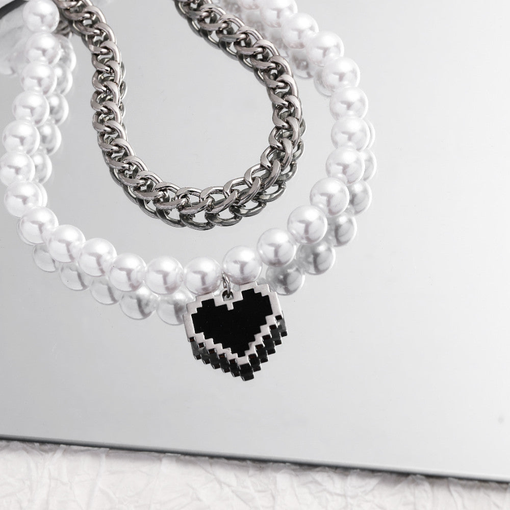 Novel and fashionable double-layer stitching chain with pearl love pendant punk style all-match necklace