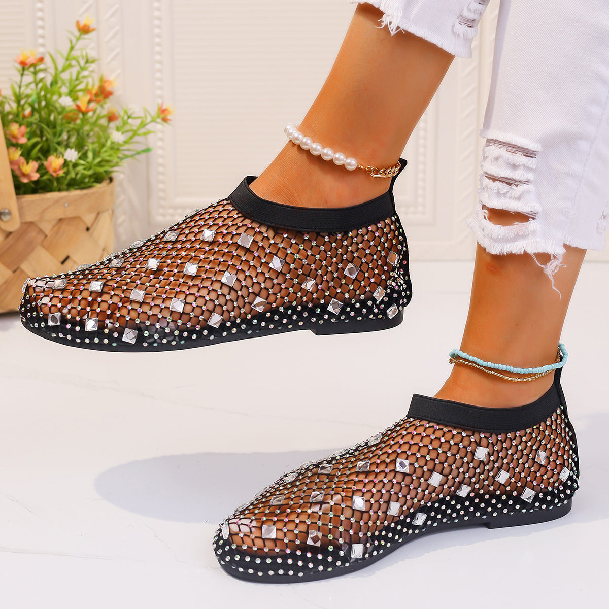 Fashion Mesh Flat Sandals With Colorful Rhinestone Design Round Toe Beach Shoes