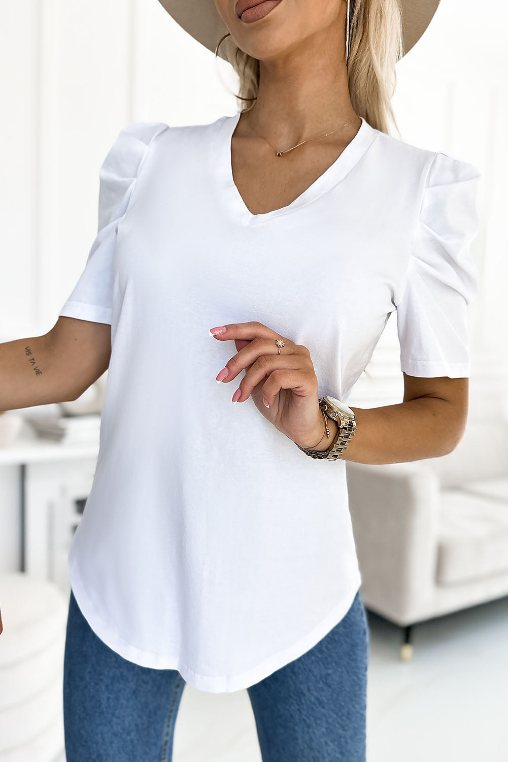 Rose Puff Sleeve V-Neck T-Shirt