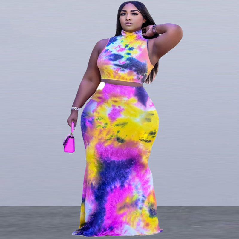 Plus Size Tie Dye All Over Graphic Printed Mock Neck Style Cropped Tank Top And Comfortable Maxi Skirt Two Piece Outfit Set