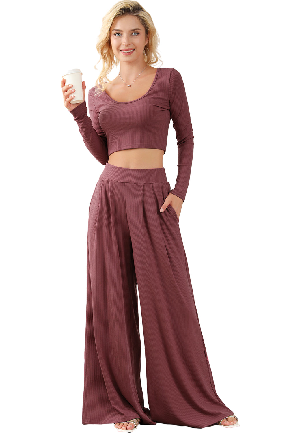 Gray Solid Color Ribbed Crop Top Long Pants Set