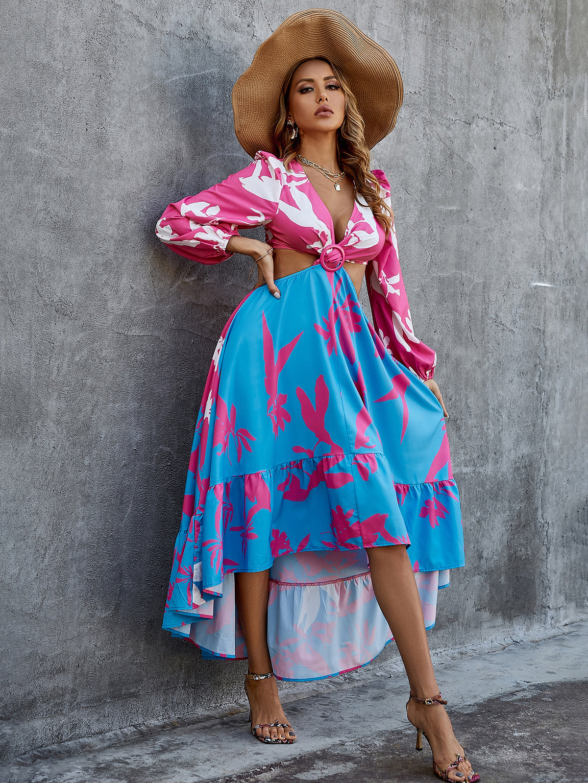 Pink And Blue Floral Print Medium Length Irregular Hem Bohemian V Neck High Waist Crossed Back Strap High Split Dress