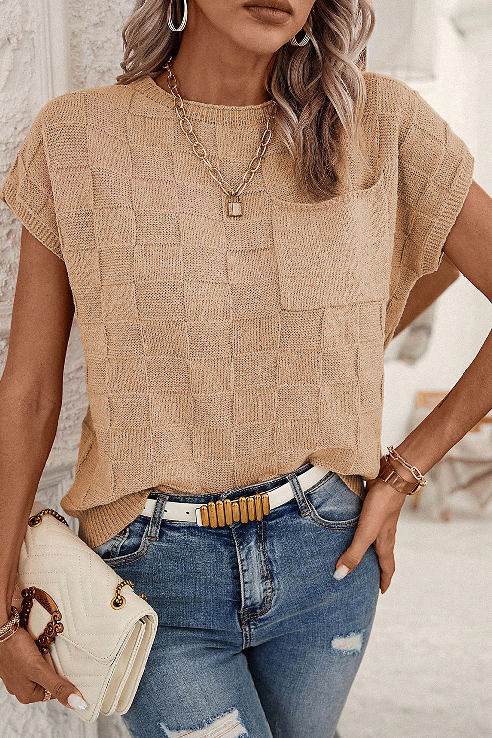 Bright Pink Lattice Textured Knit Chest Pocket Loose Blouse