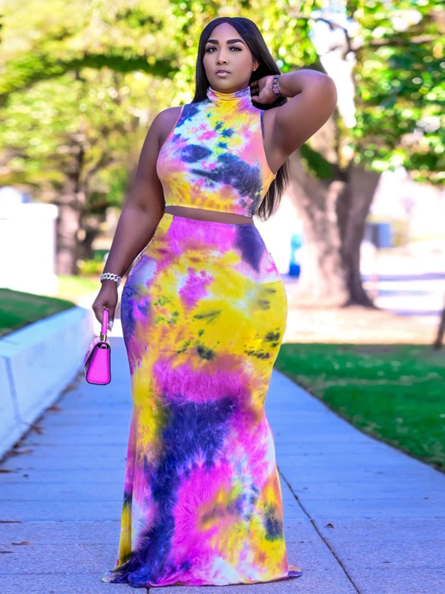 Plus Size Tie Dye All Over Graphic Printed Mock Neck Style Cropped Tank Top And Comfortable Maxi Skirt Two Piece Outfit Set