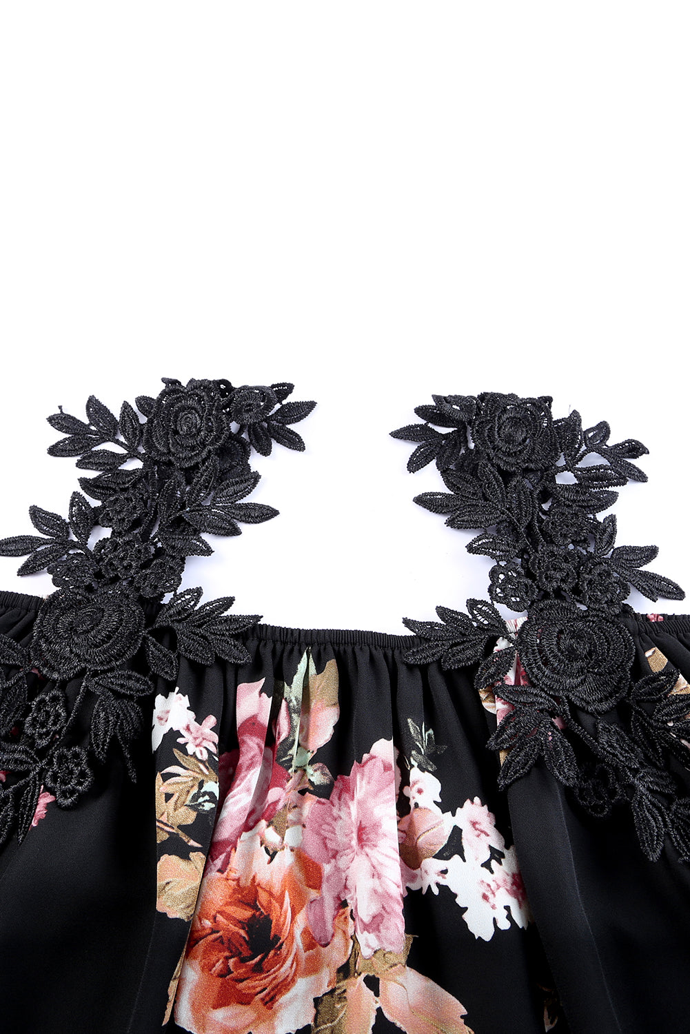 Black Floral Print Lace Patchwork Loose Off Shoulder Blouse