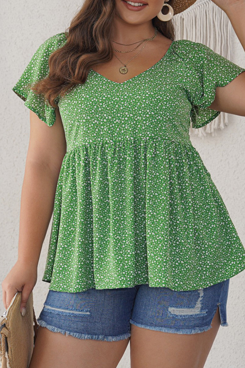 Green Floral Print Pleated Flounce Hem Short Sleeve Plus Size Top