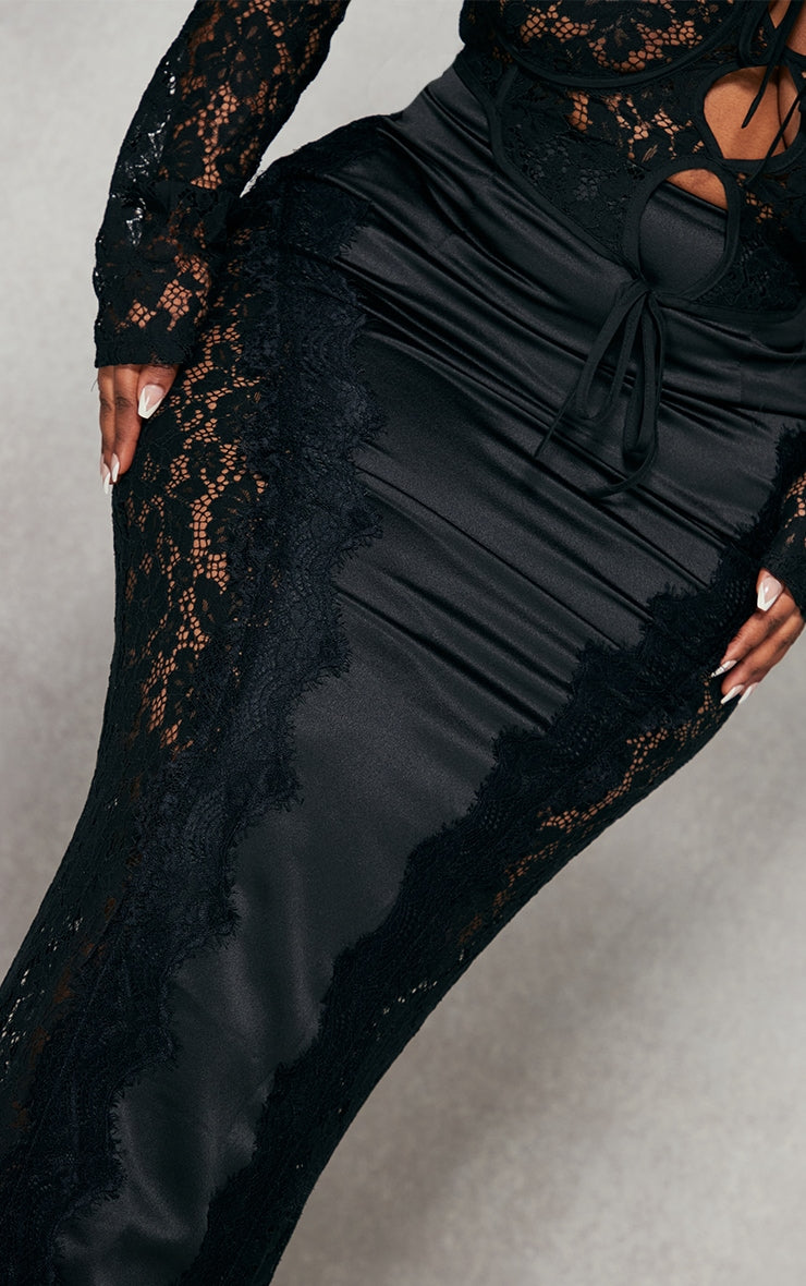 Plus Black Satin Lace Detail Midi Skirt
