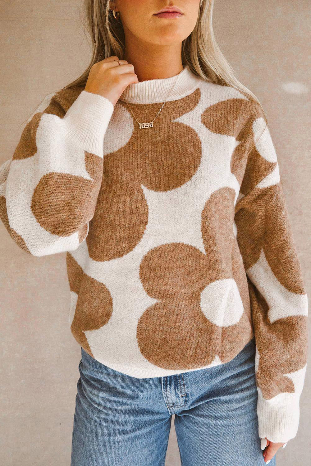 Camel Flower Pattern Slouchy Sweater