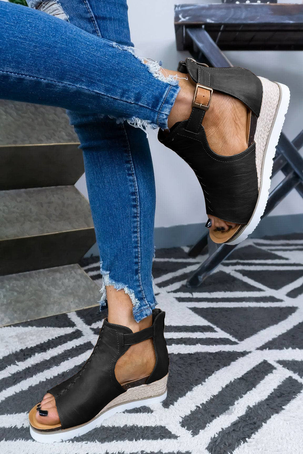 Black PU Cutout Buckle Strap Platform Sandals