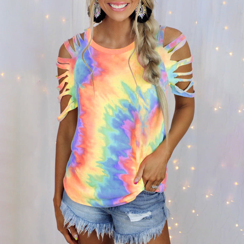 Women Tie-Dye Printed Distressed Off-The-Shoulder Sexy Casual Tee Shirt