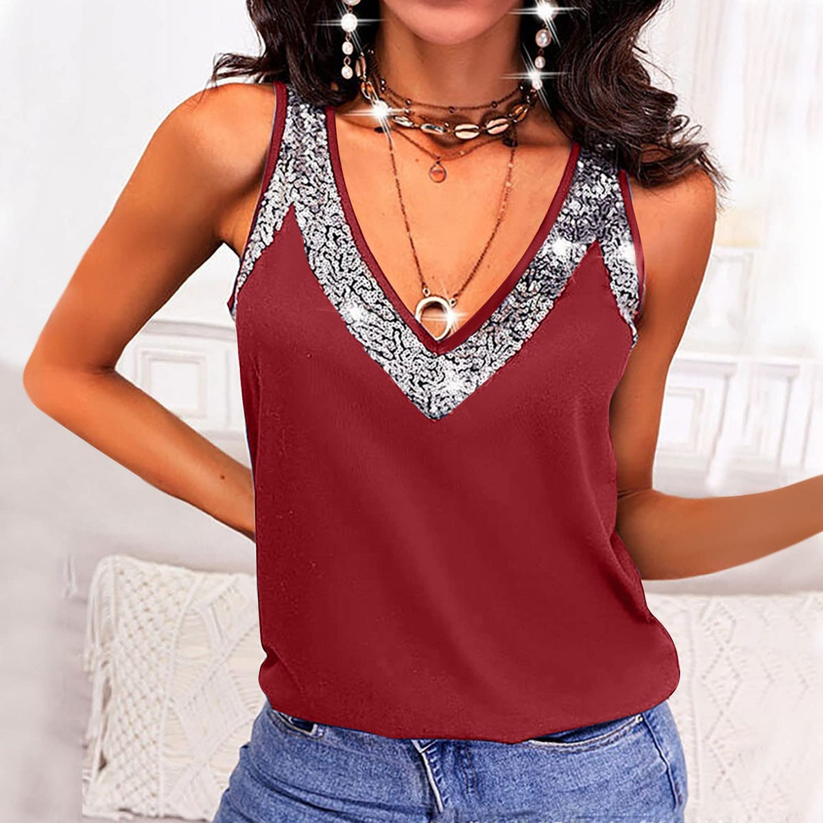 Full Size V-Neck Wide Strap Tank With Glitter Trim