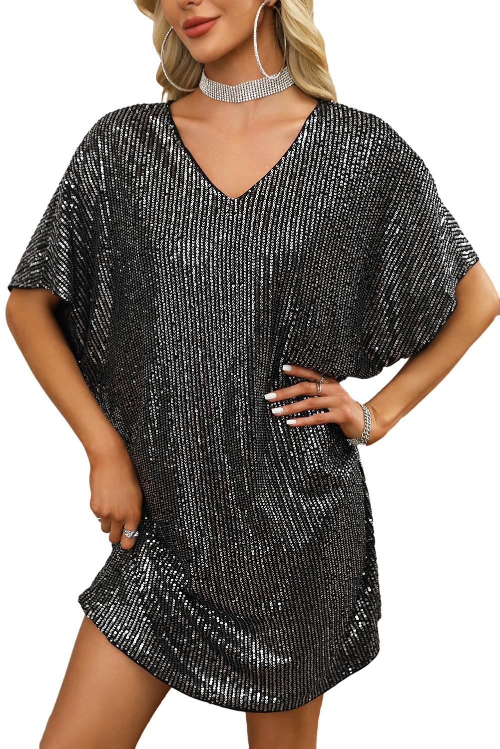 Elegant Dark Grey Sequin V-Neck Dolman Sleeve Shift Dress