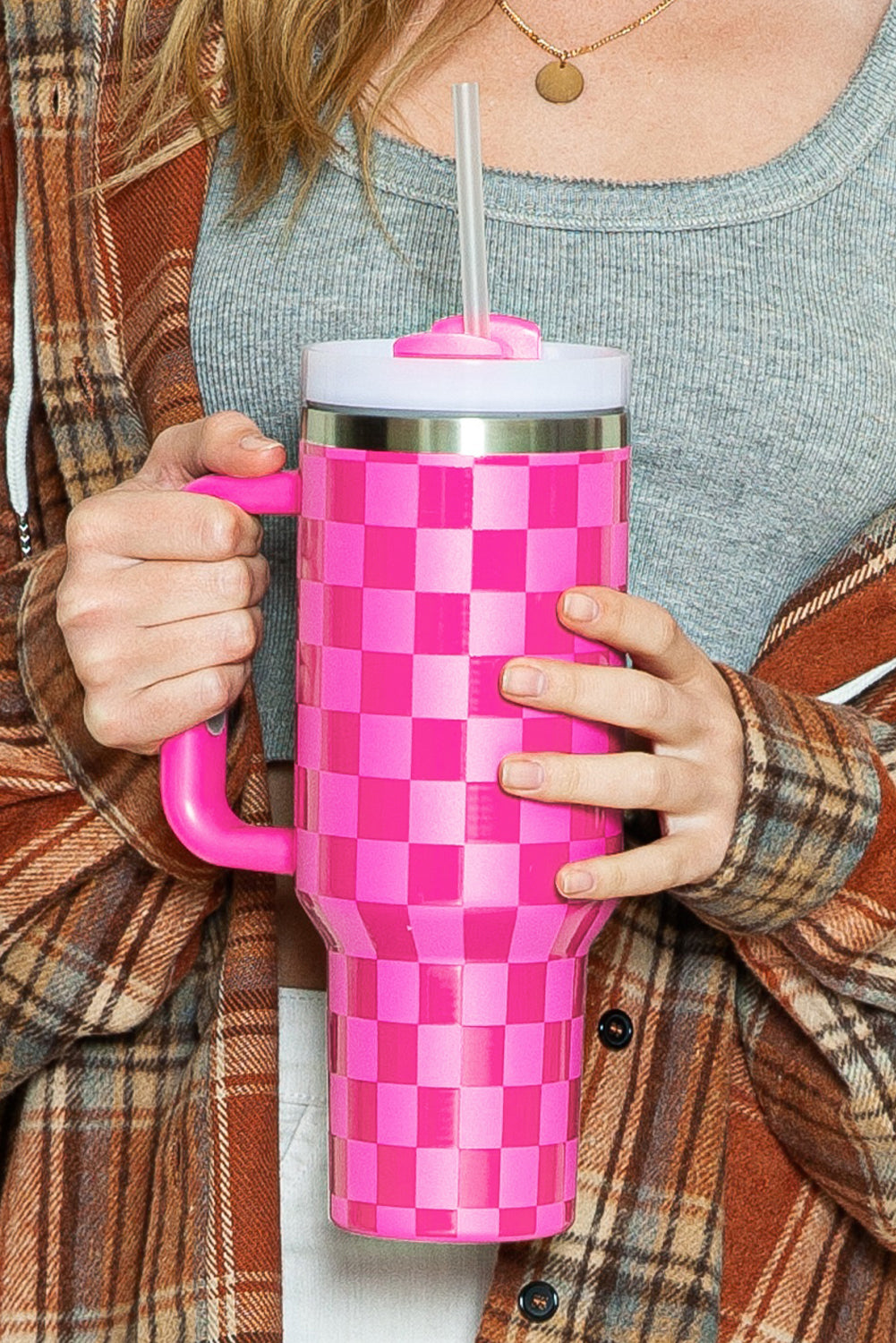 Black Pink Checkered Print Handled Stainless Steel Tumbler Cup