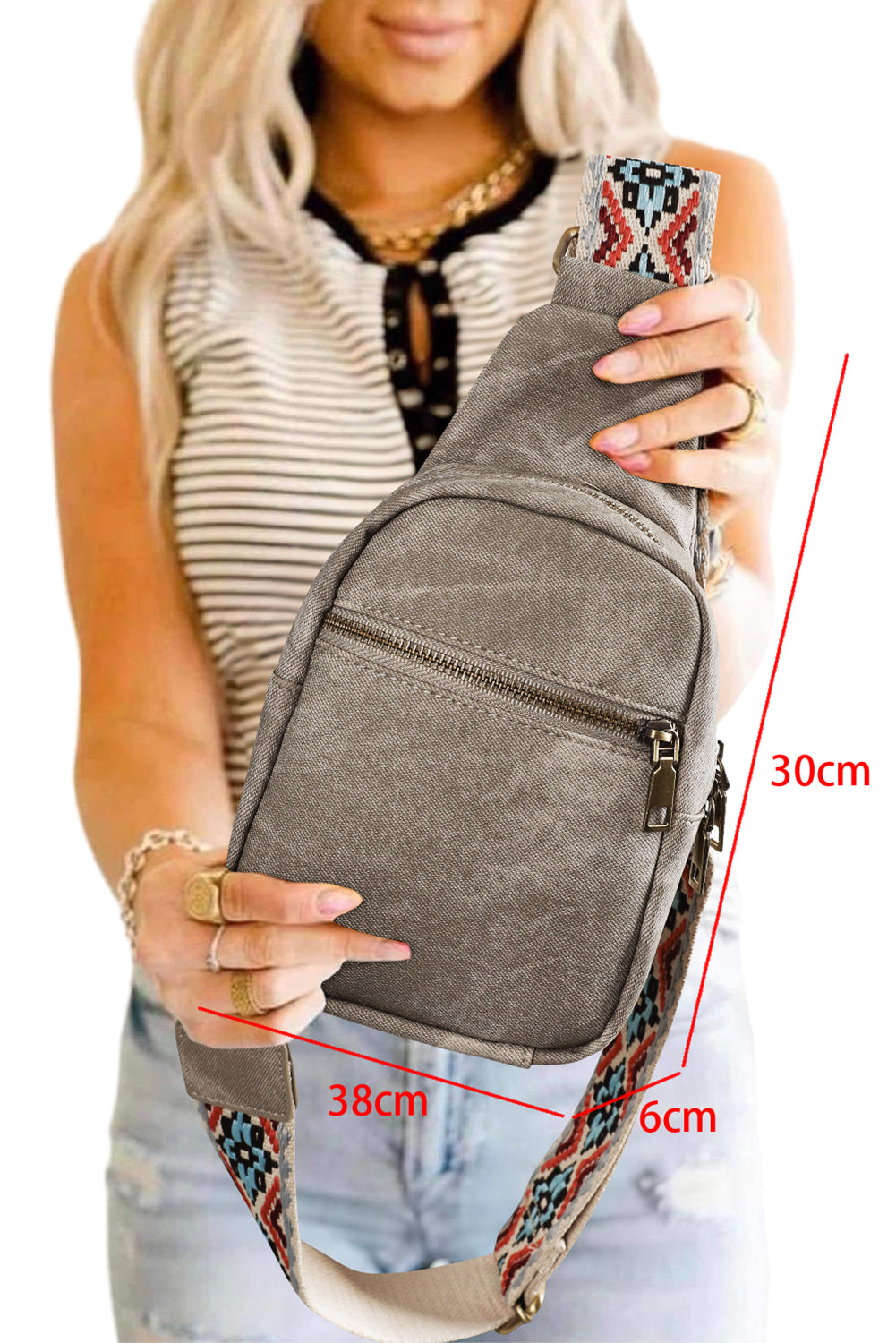 Dark Grey Geometric Print Strap Multi Pocket Sling Bag