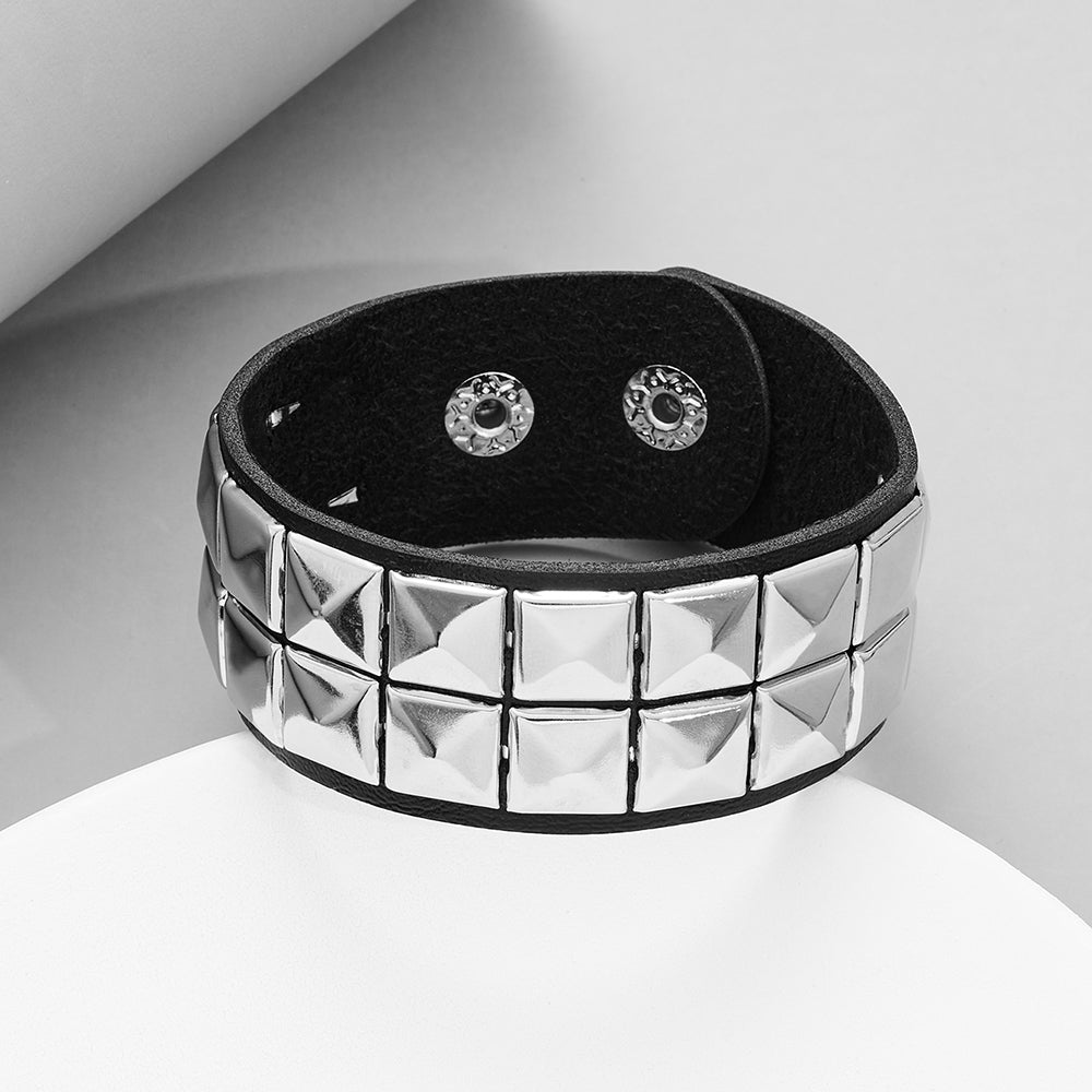 Rowed Rivet Stud Wide Cuff Leather Punk Gothic Rock Unisex Bangle Bracelet