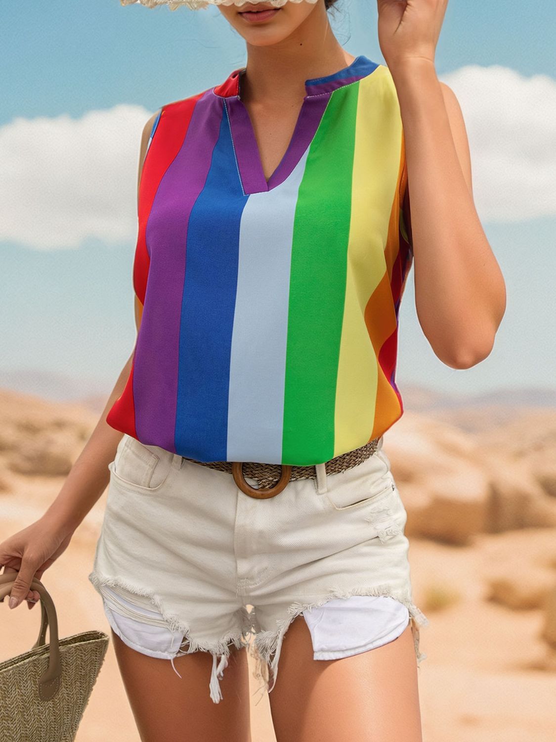 Color Block Notched Sleeveless Rainbow Top