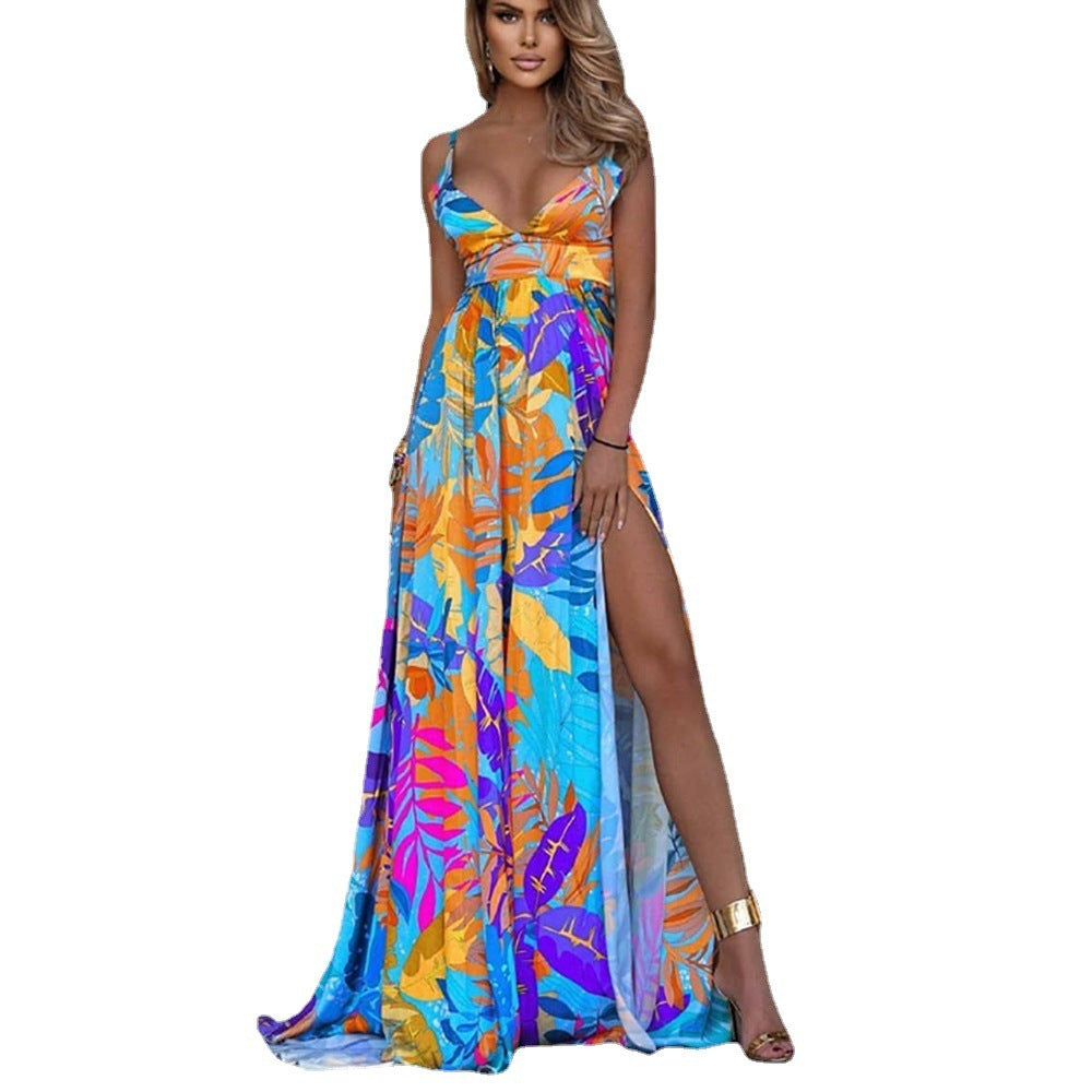 Leaf Four-way Stretch Bohemian V Neck Tank High Split Maxi Dress