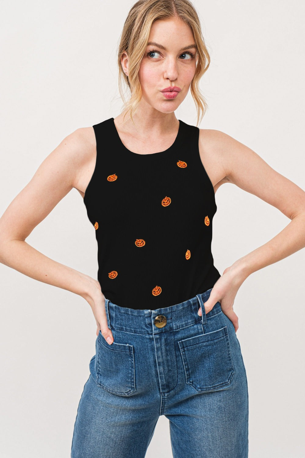 And The Why Jack O' Lantern Embroidered Women’s Ribbed Tank Top