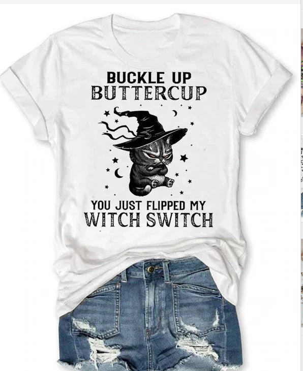 Buckle Up Butter Cup Funny Slogan Witch Cat Round Neck Graphic Print Long Sleeved Tee Shirt