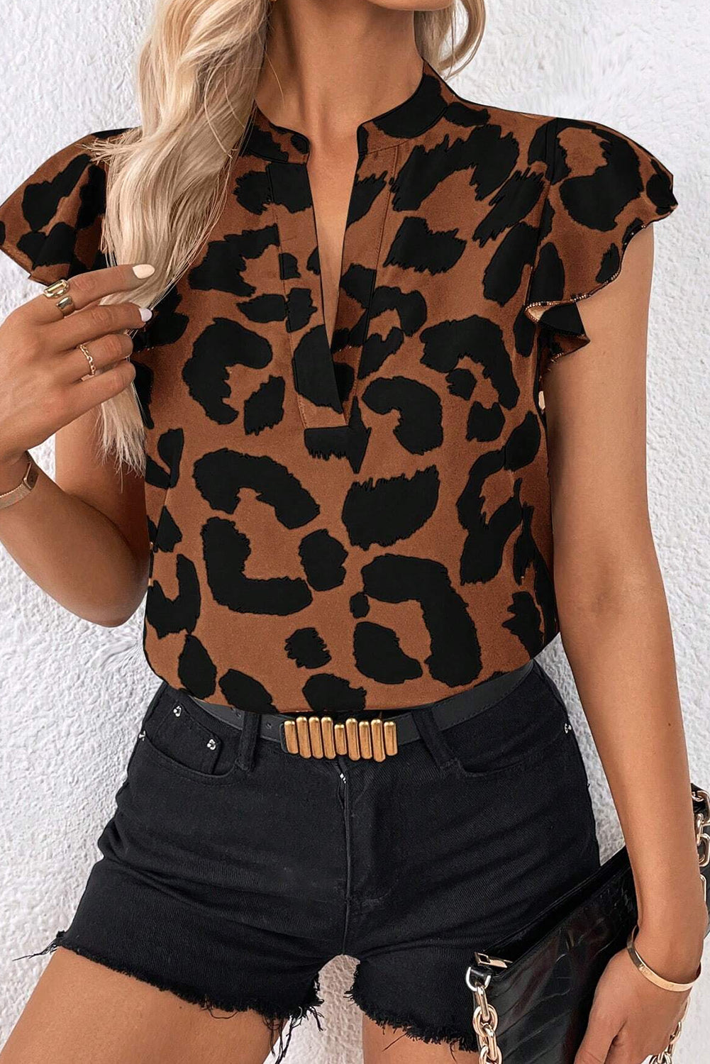 Black Leopard Ruffled Flutter Sleeve Split Neck Blouse