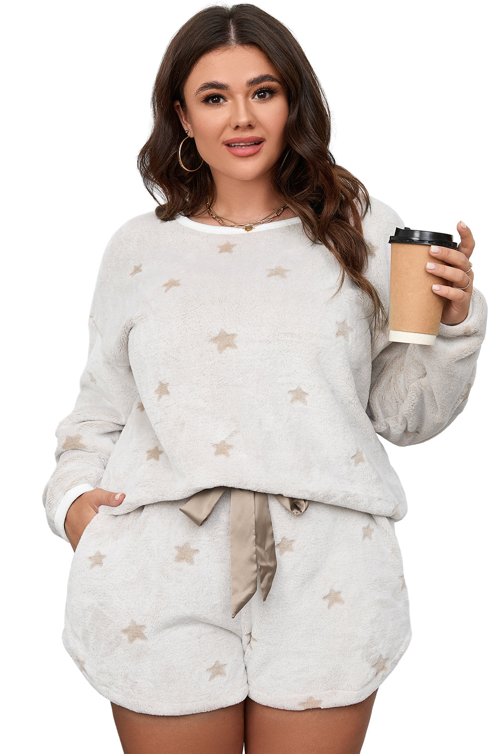 White Plush Star Pattern Long Sleeve Pullover and Shorts Lounge Set