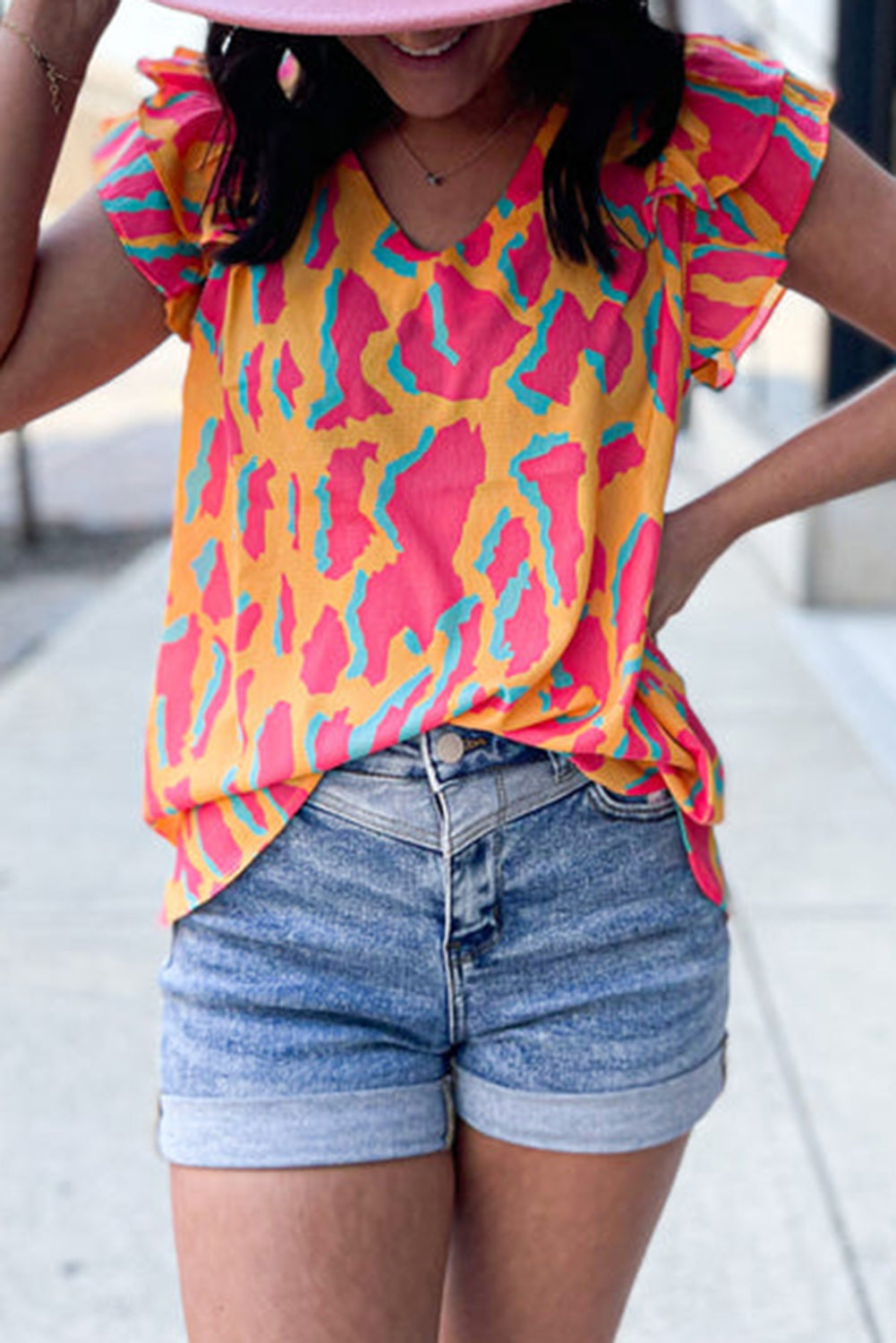 Orange Colorblock Abstract Print V Neck Ruffled Sleeve Blouse