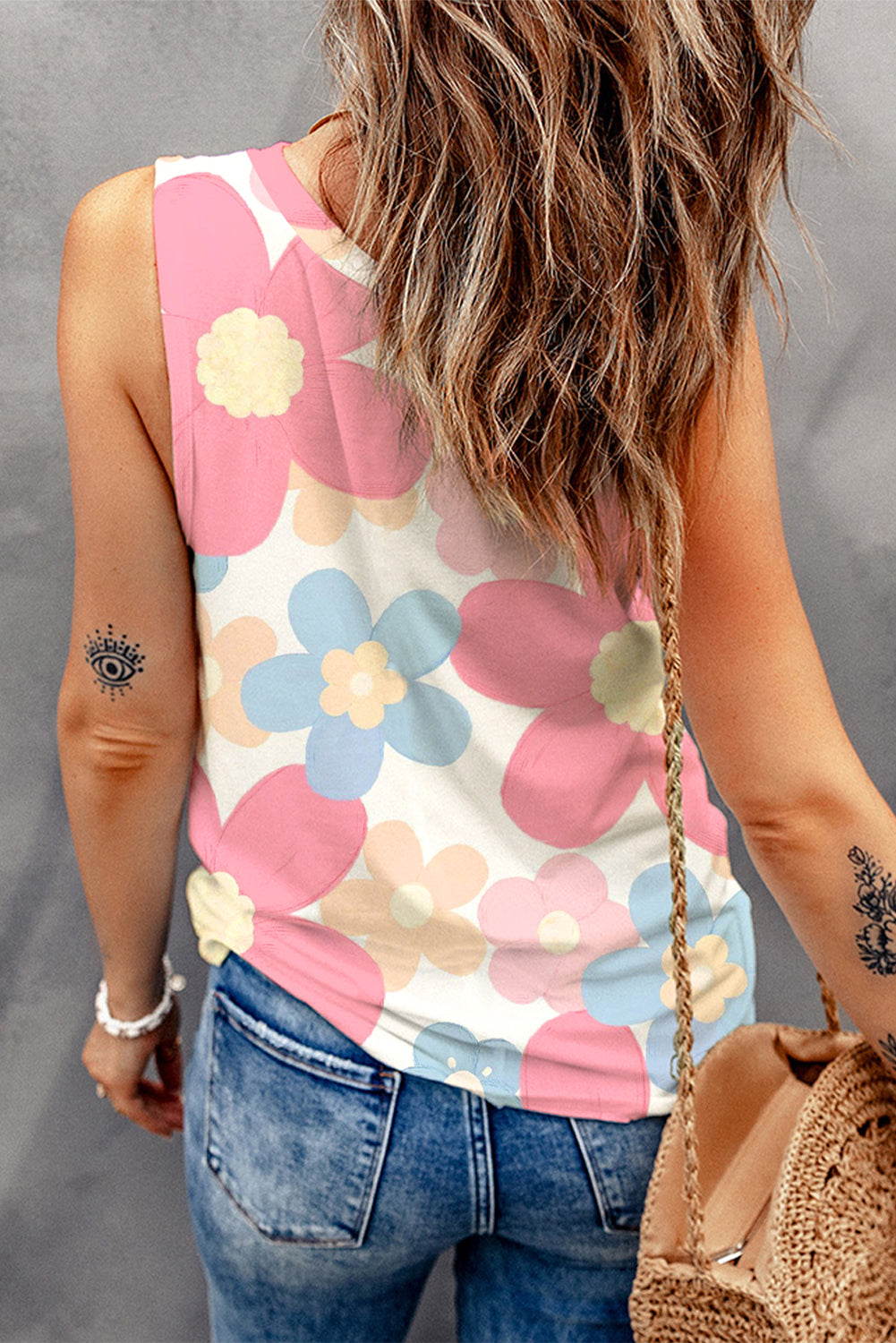 Pink Floral Print Sleeveless Top | Round Neck Women’s Blouse