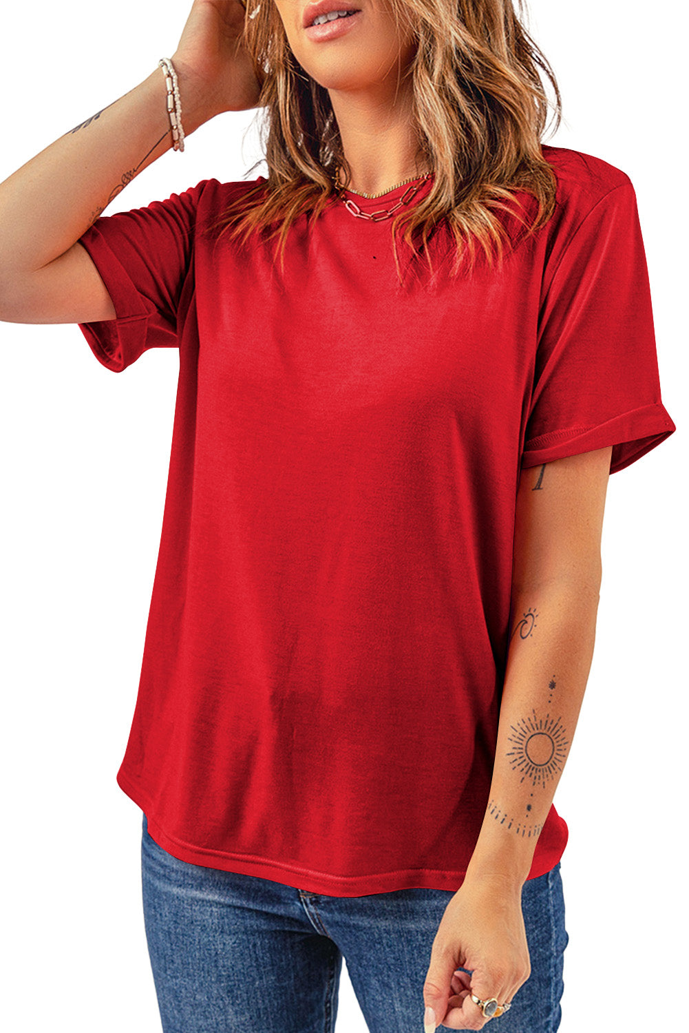 Rose Red Casual Plain Crew Neck Tee