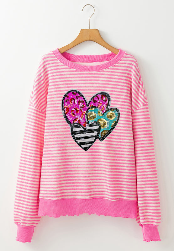 Striped Sequin Heart Round Neck Long Sleeve Sweatshirt