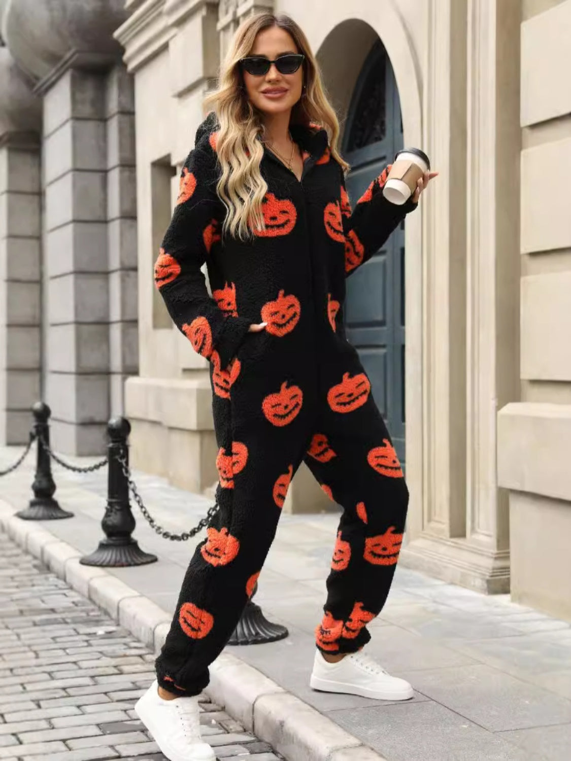 Fuzzy Black Pumpkin Print Half Zip Hooded Jumpsuit - Women’s Halloween Loungewear