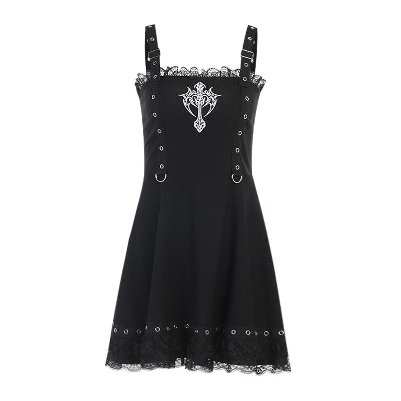 Women's Dark Webbing A-line Lace Vest Dress