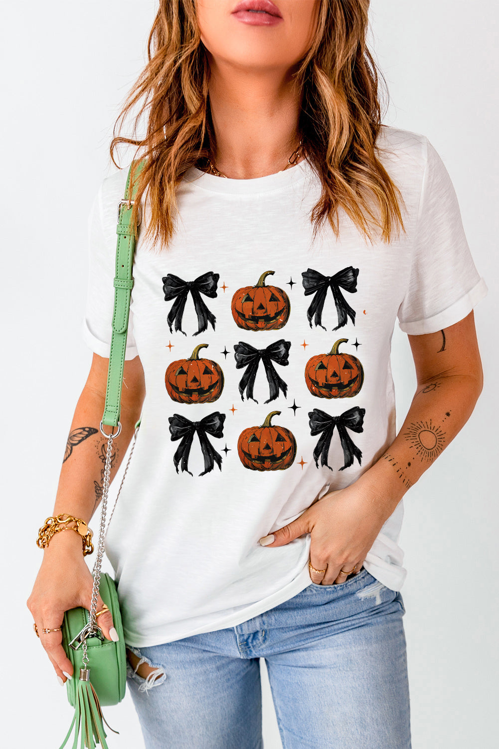 Pumpkin Bows Round Neck Short Sleeve T-Shirt