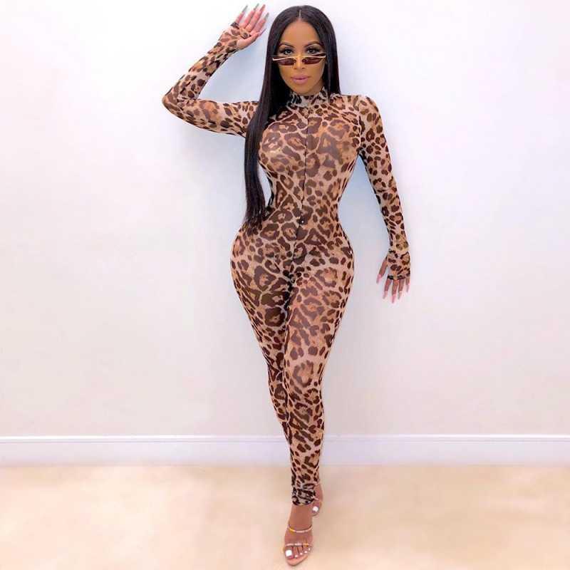 Slim Fit Leopard Print Full Bodysuit Sexy Jumpsuit