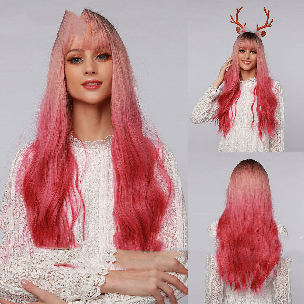 Synthetic Low Wave Long Wig With Straight Bangs Rose Gold to Rose Red Gradient