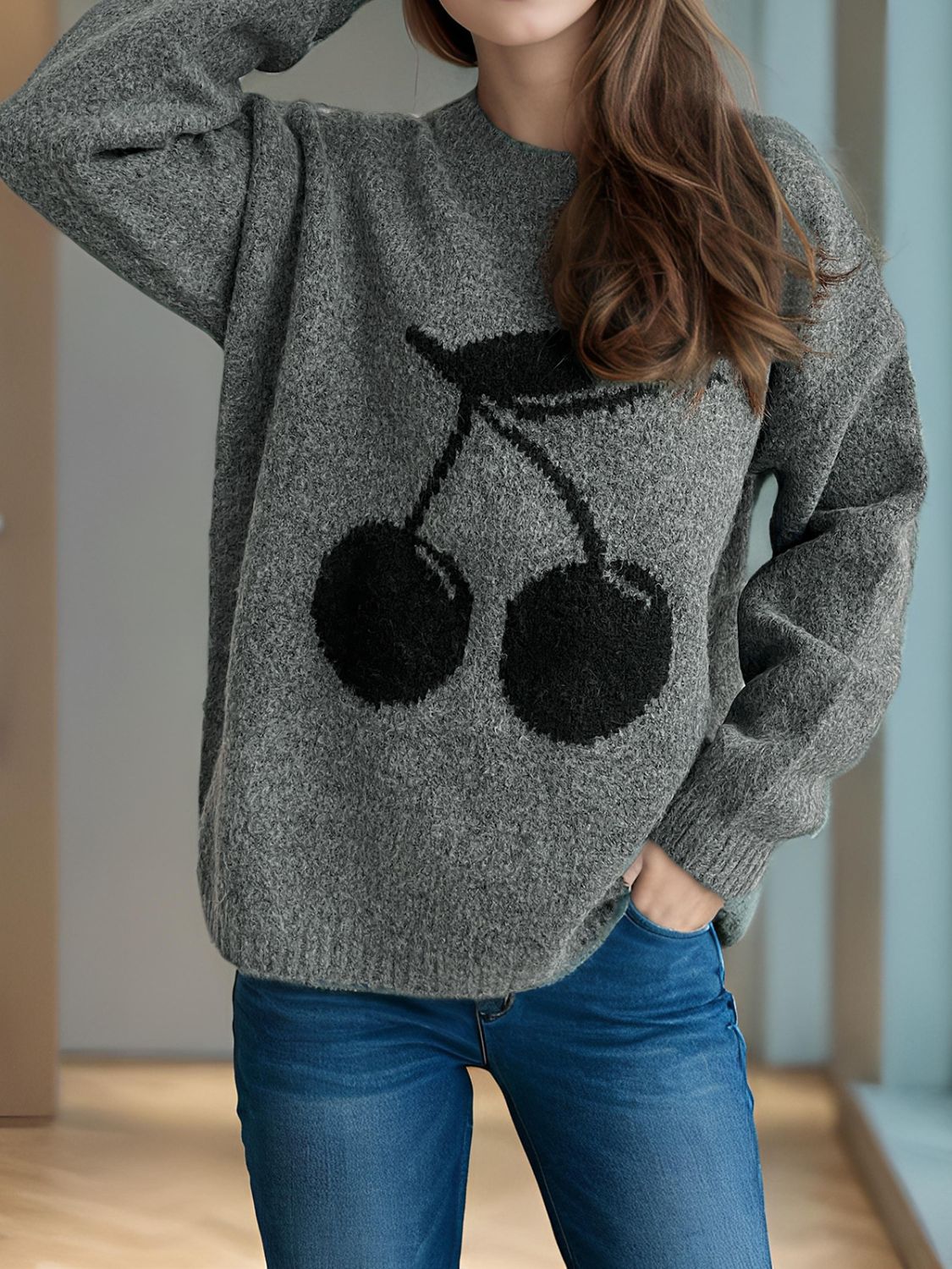 Cherry Print Round Neck Long Sleeve Sweater