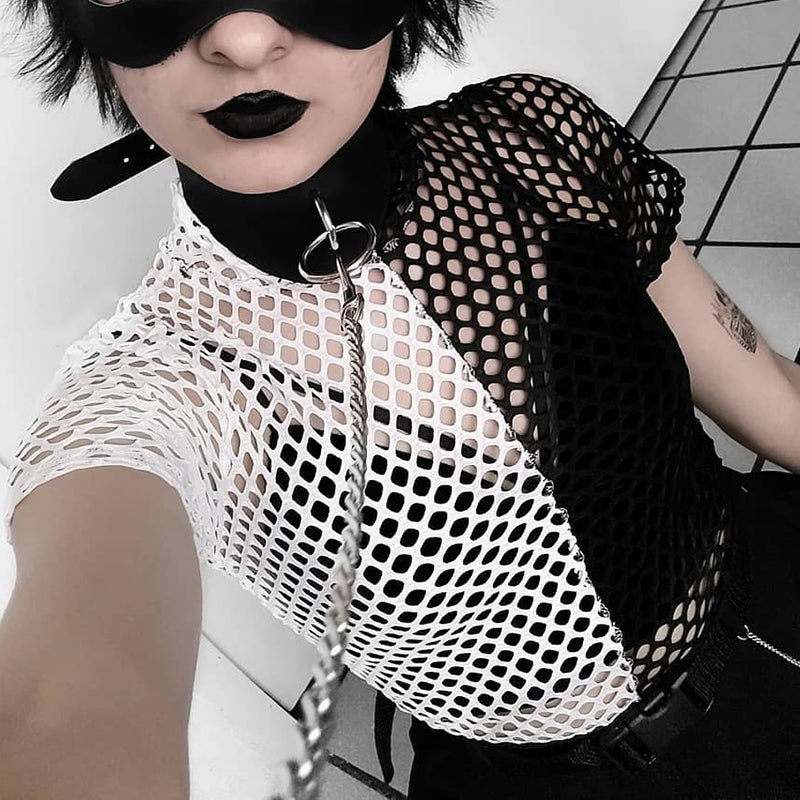 Black And White Color Block Mesh Round Neck Fishnet Sheer Split Color Top T-shirt