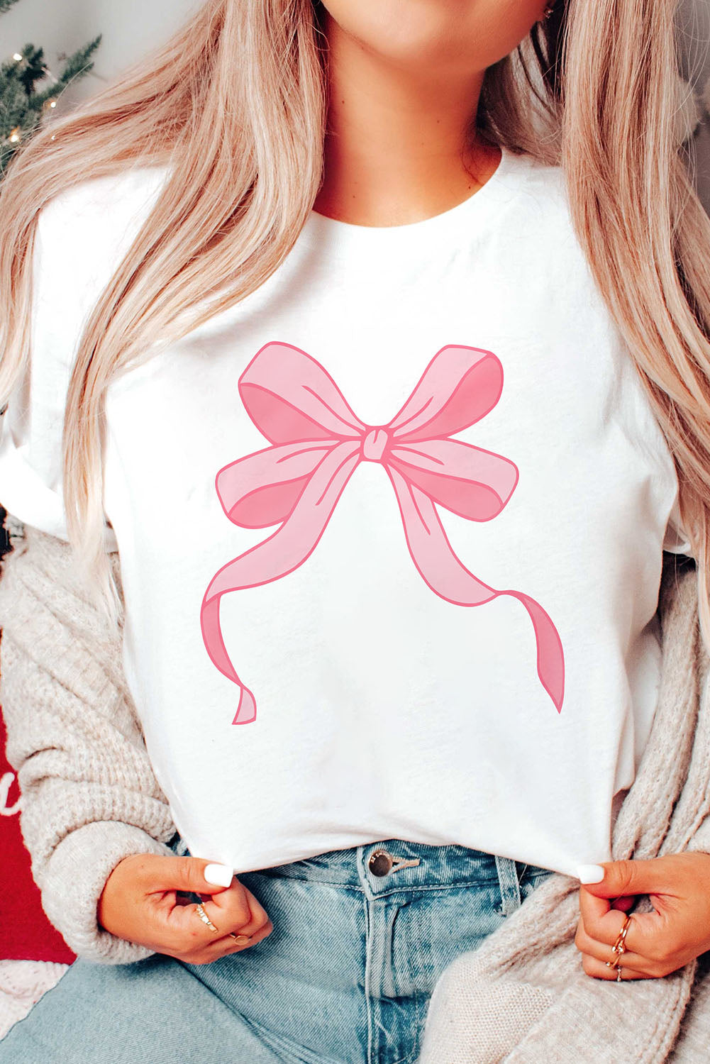 White Casual Flowing Bow Knot Graphic Round Neck Tee