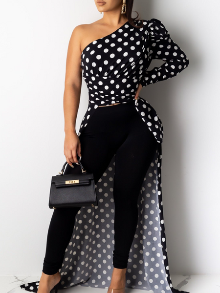 Slant-Shoulders Polka-Dot Long Top H9ZVV56MFK