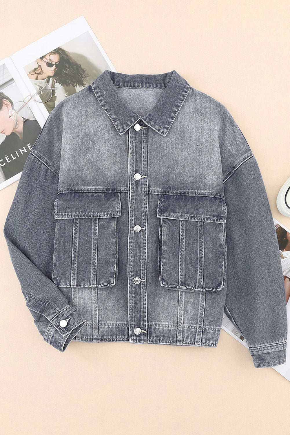 Blue Chest Pockets Drop Shoulder Loose Denim Jacket