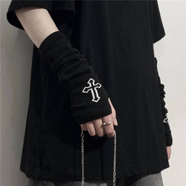 Goth Fingerless Gloves Cross Detail