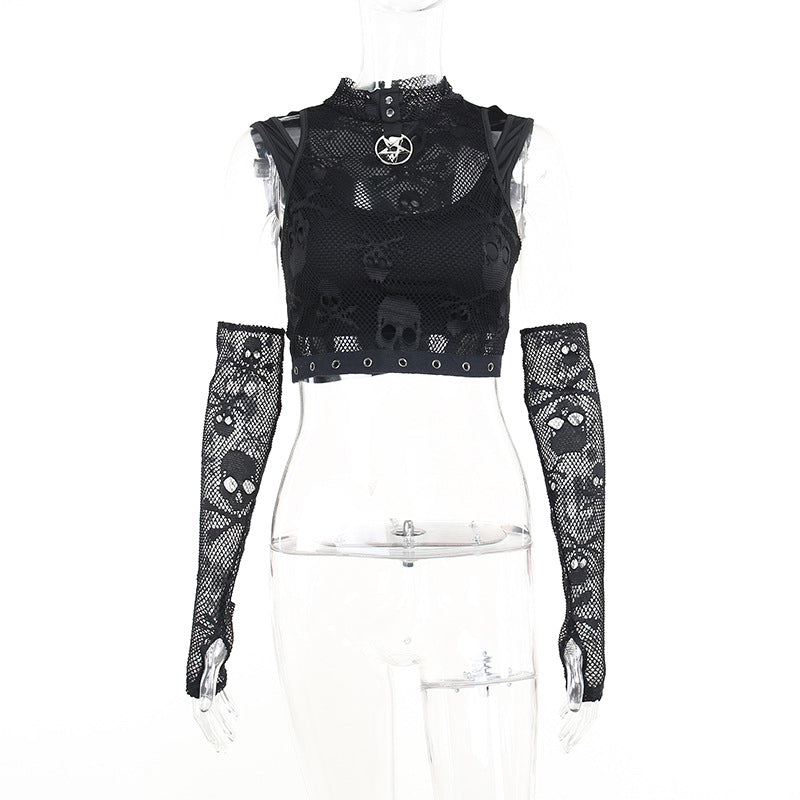 Mesh Sleeve Lace Sheer Gothic Tank Top Two Piece