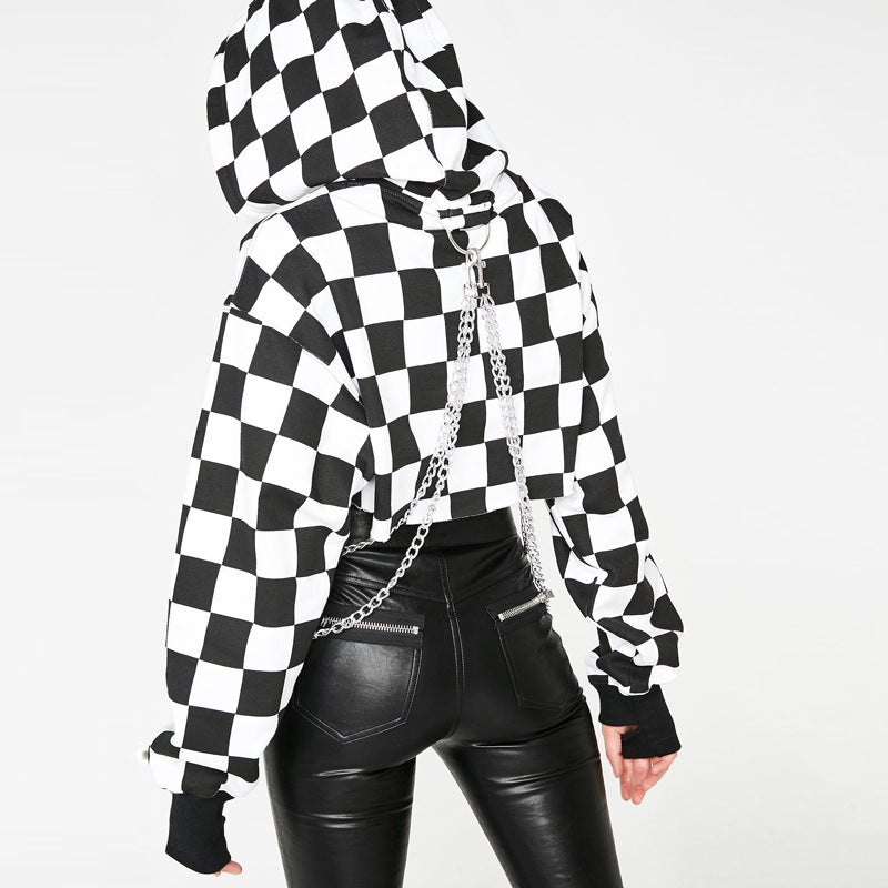 Checkered punk crop hoodie sweatshirt