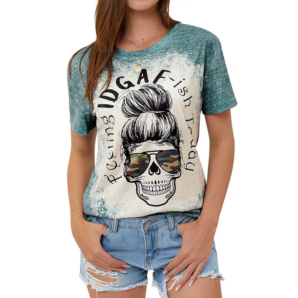 Skull Print Camo Sunglasses Funny Crew Neck Short Sleeve Graphic Print Tee Shirt