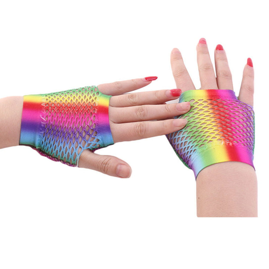 Rainbow Fishnet Short Fingerless Gloves