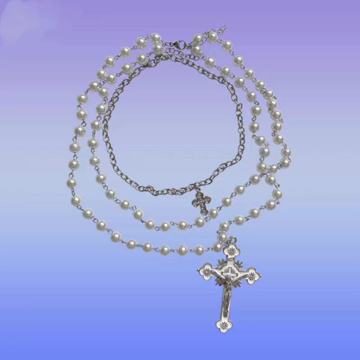 Sweater Cross Pearl Stackable Chains Necklaces