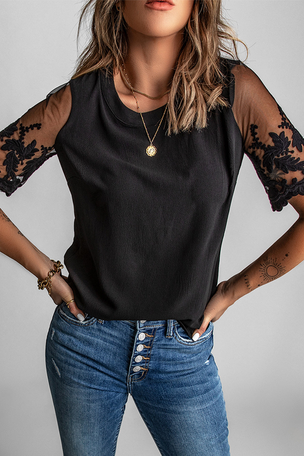 Black Sheer Flower Lace Short Sleeve Summer Top