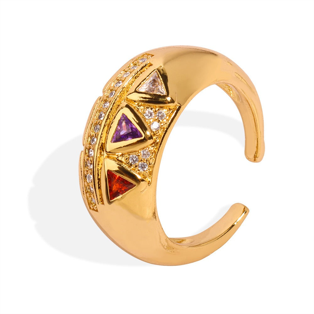 18K gold light luxury retro geometric triangle inlaid zircon open design palace style ring