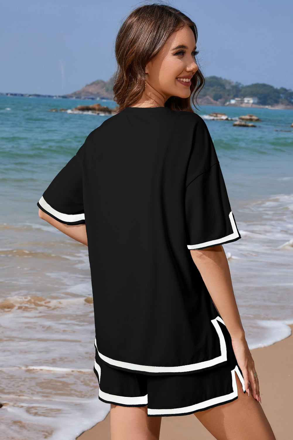 Black Contrast Trim Tee and Drawstring Shorts Set