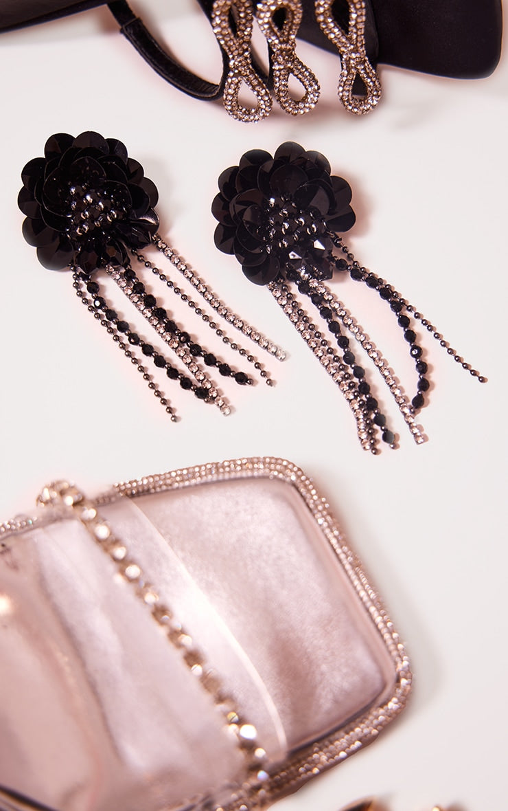 Black Oversized Statement Flower Diamante Earrings